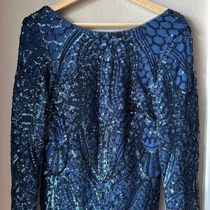 NIGHT WAY Blue Sequin Long Sleeve High Neck Midi Party Dress